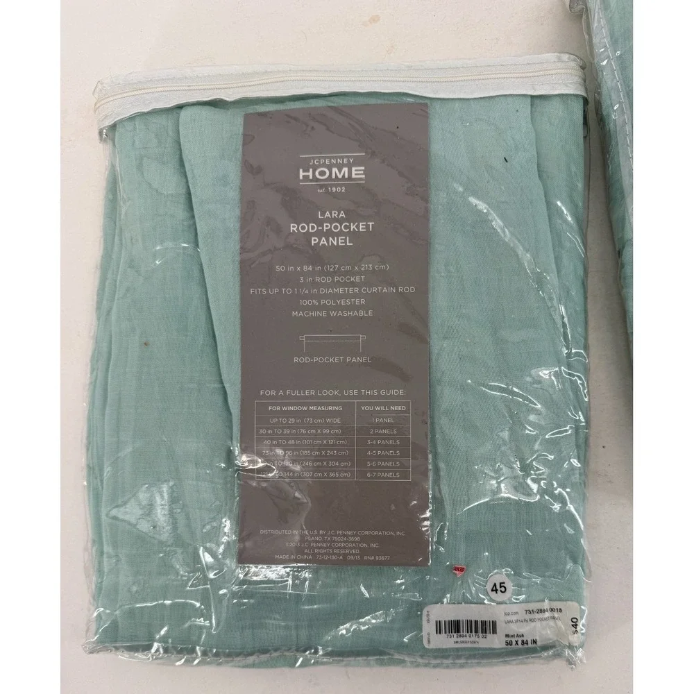 JCPenney Home Lara Rod Pocket Curtain Panels Mint Ash 50x84 Set‎ of 2 (1 Open)